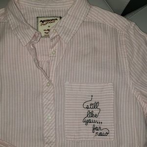 Women Pink Stripe Long Sleeve Oxford Button Up Top